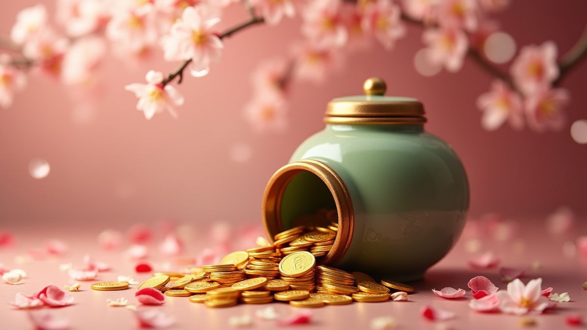 Monedas doradas saliendo de un jarrón de jade rodeado de pétalos de flores de cerezo.