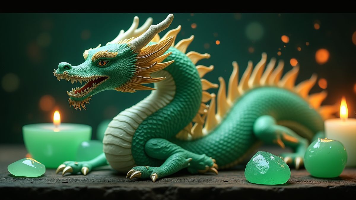 Dragón asiático rodeado de artefactos de jade brillantes.
