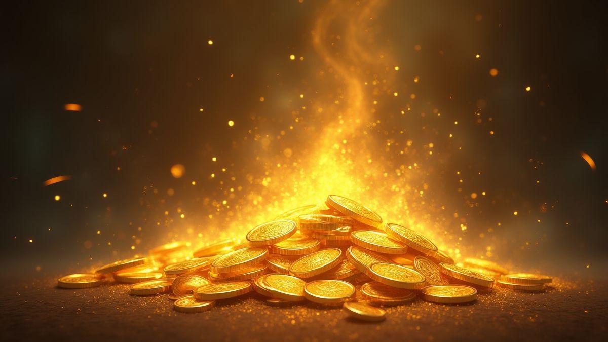 Monedas doradas y artefactos de jade brillando con luz mística.