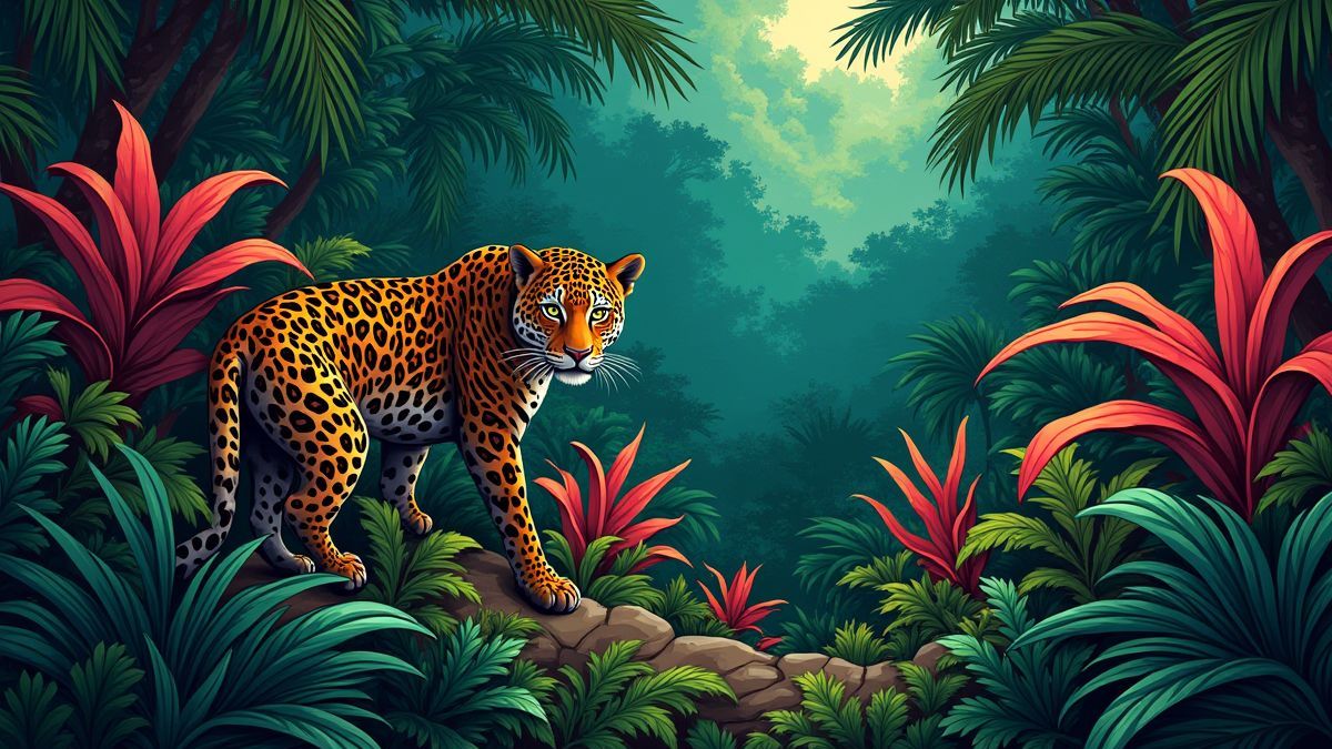 Scene of an Amazon jungle with a jaguar and exotic plants.