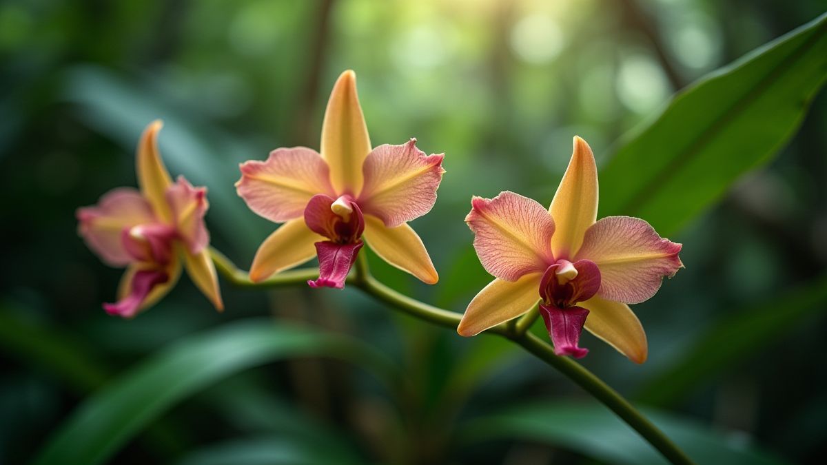 Exotic orchids in an Amazon rainforest setting.