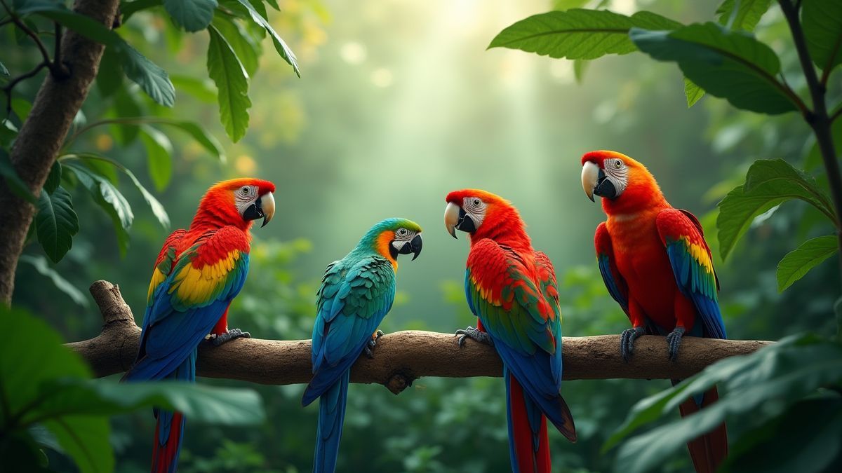 Scene of the Amazon rainforest with vibrant parrots and lush vegetation.