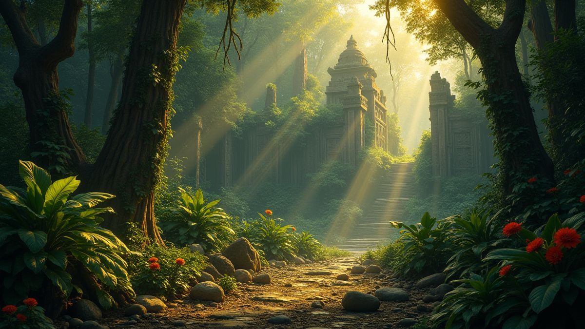 Una jungla densa con artefactos dorados y ruinas antiguas iluminadas por luz suave.