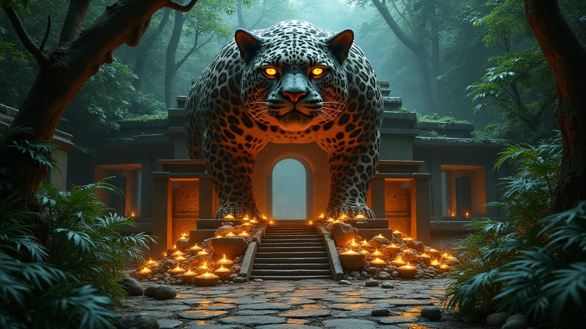 Un antiguo templo de jaguar rodeado de tesoros brillantes y vegetación selvática.