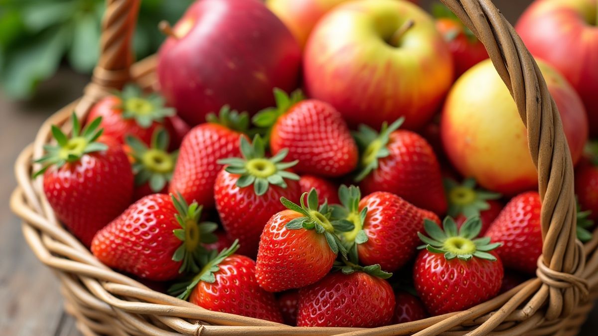 Basket filled with colorful fruits like strawberries and apples.