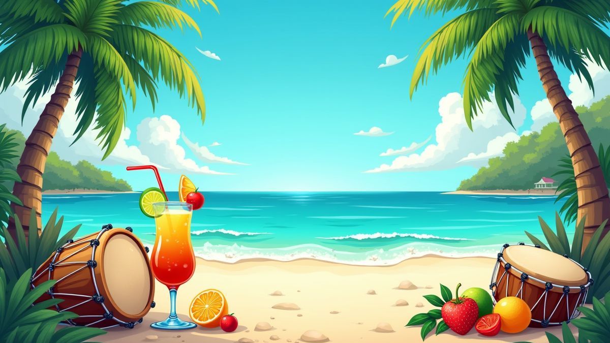 Playa caribeña con tambores y cocteles coloridos.