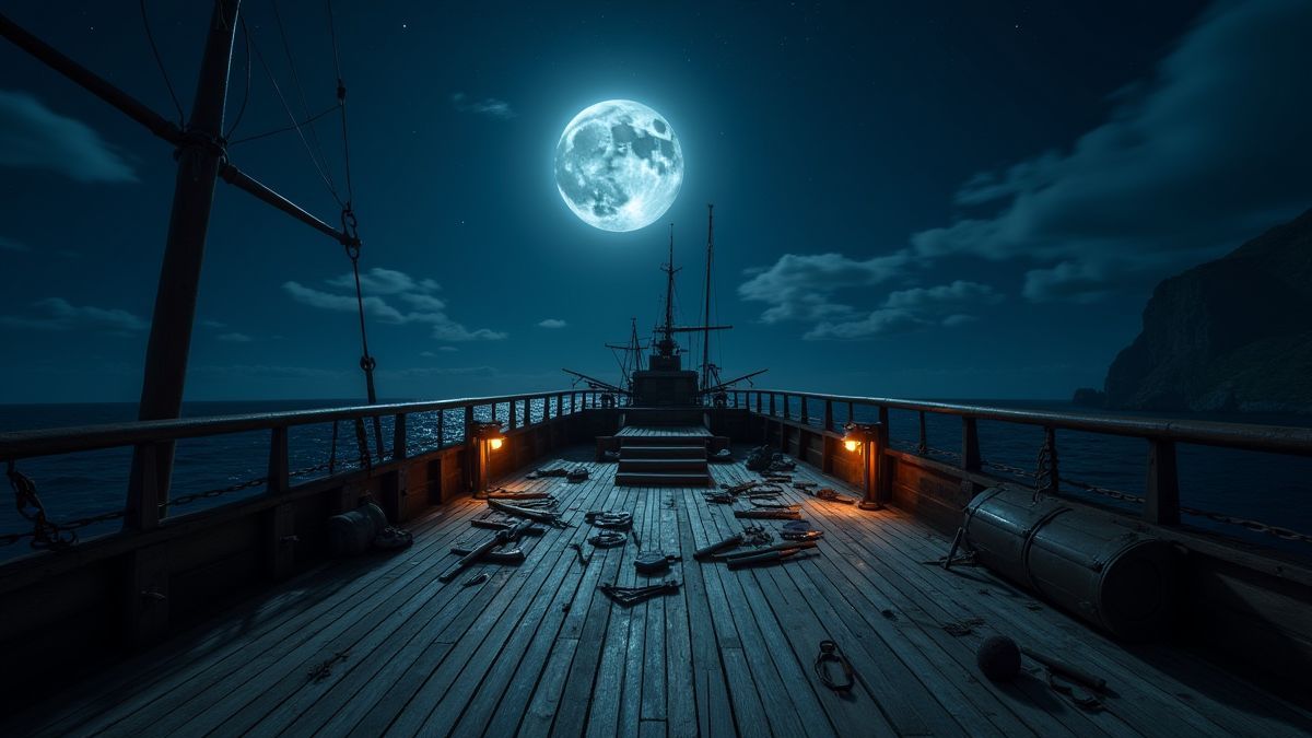 Ship deck illuminated by the moon with exploration tools.