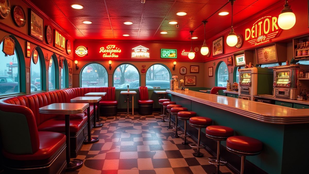Un típico diner de los años 50 con luces de neón y una jukebox clásica.