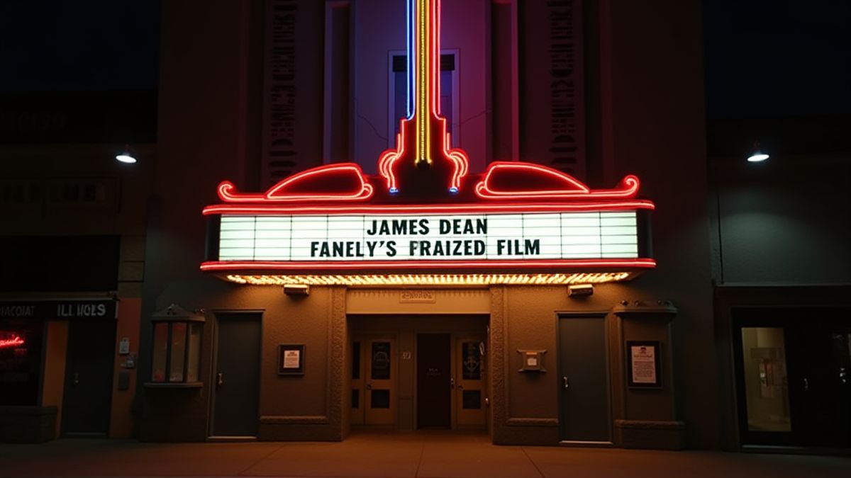 Una marquesina de cine iluminada con 'James Dean' como película destacada.