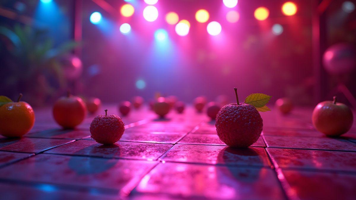 Pista de baile disco con frutas animadas.