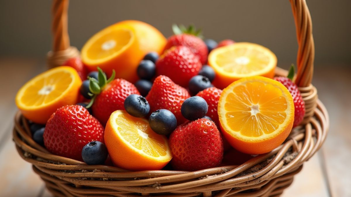 Canasta llena de frutas vibrantes.