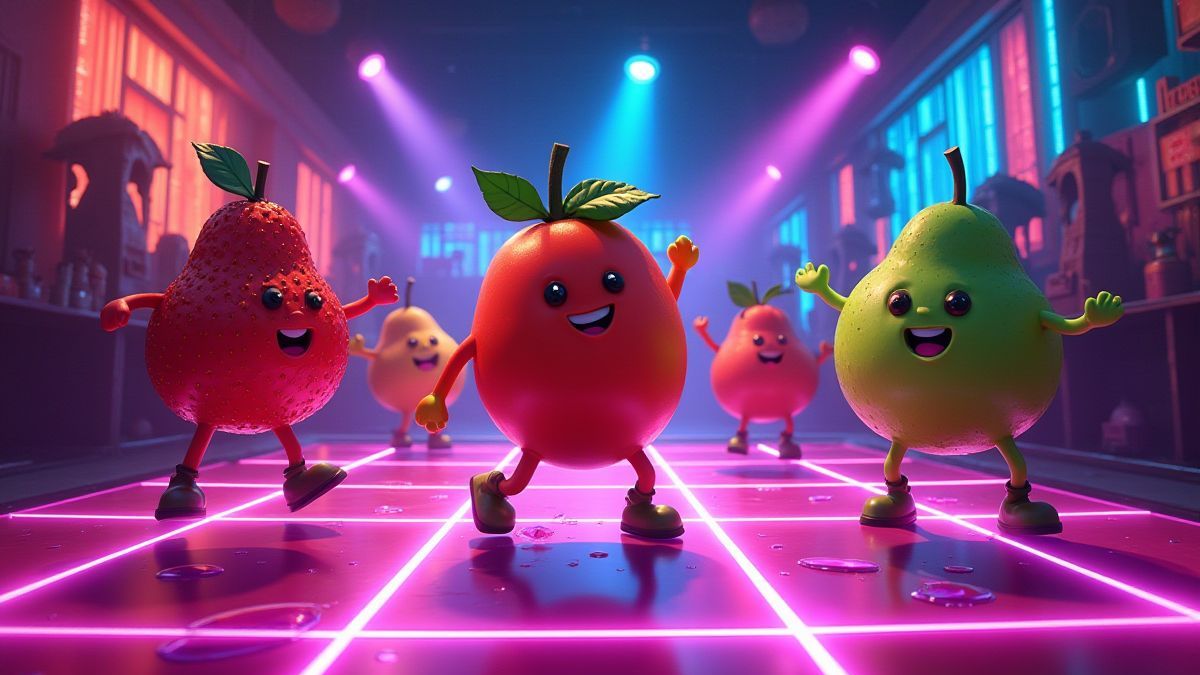 Frutas animadas bailando bajo luces de neón.