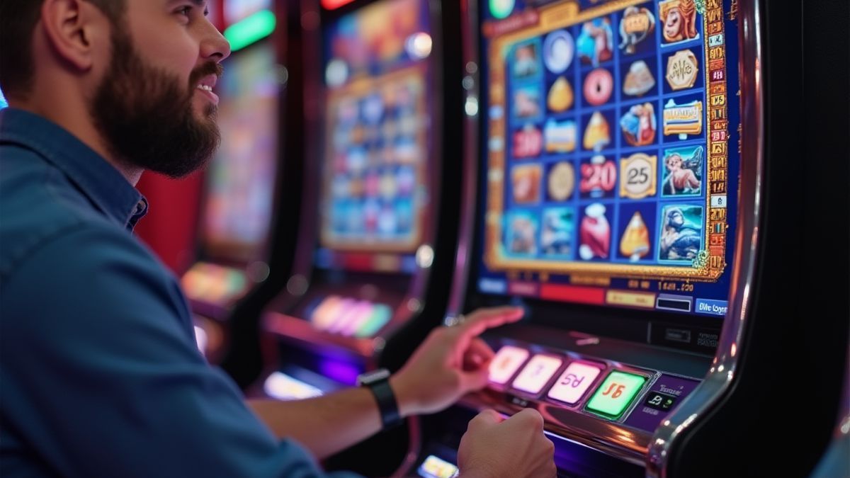 Jugador tranquilo gestionando su presupuesto mientras juega en una pantalla colorida.