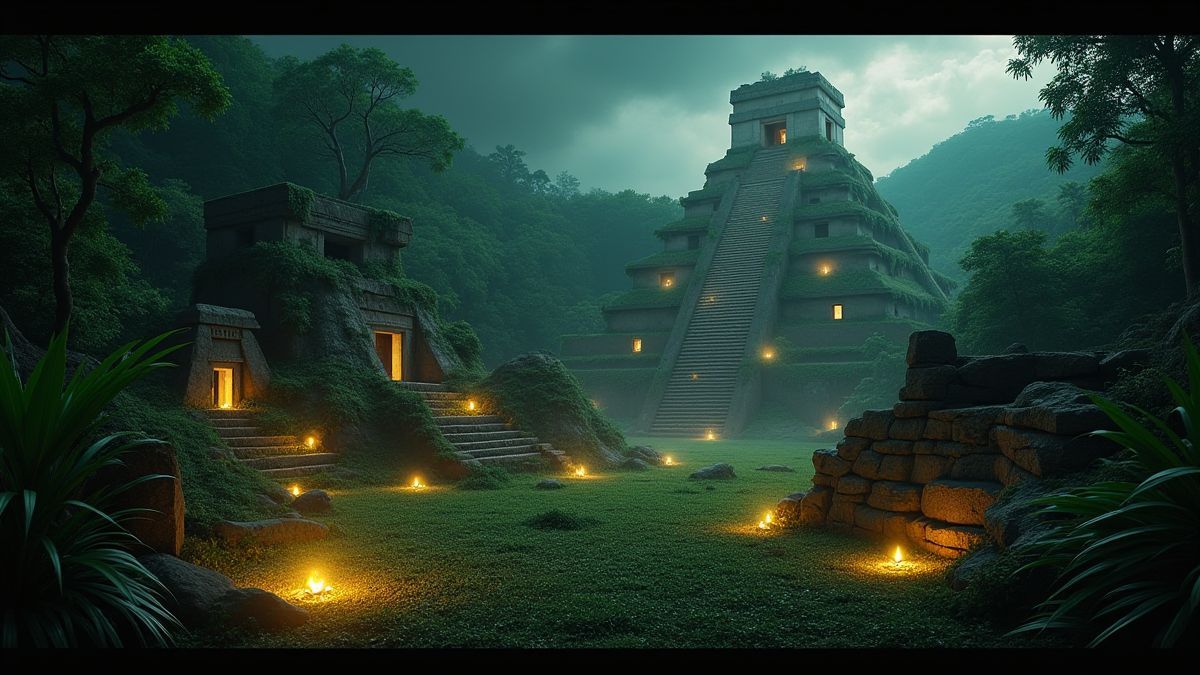 Une jungle dense avec des ruines aztèques et des trésors brillants.