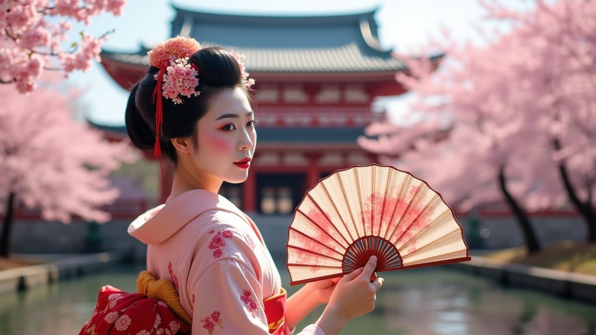 Geisha met een waaier voor een Japans tempel.