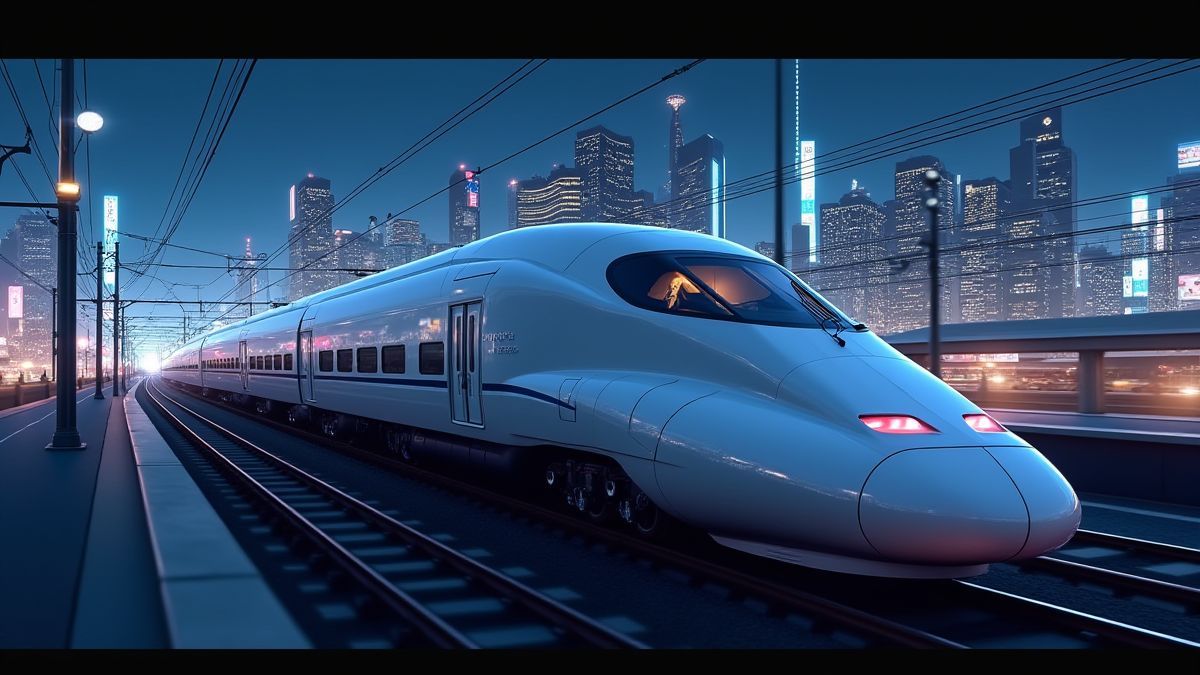 Futuristische hogesnelheidstrein die door een Japanse stad rijdt.