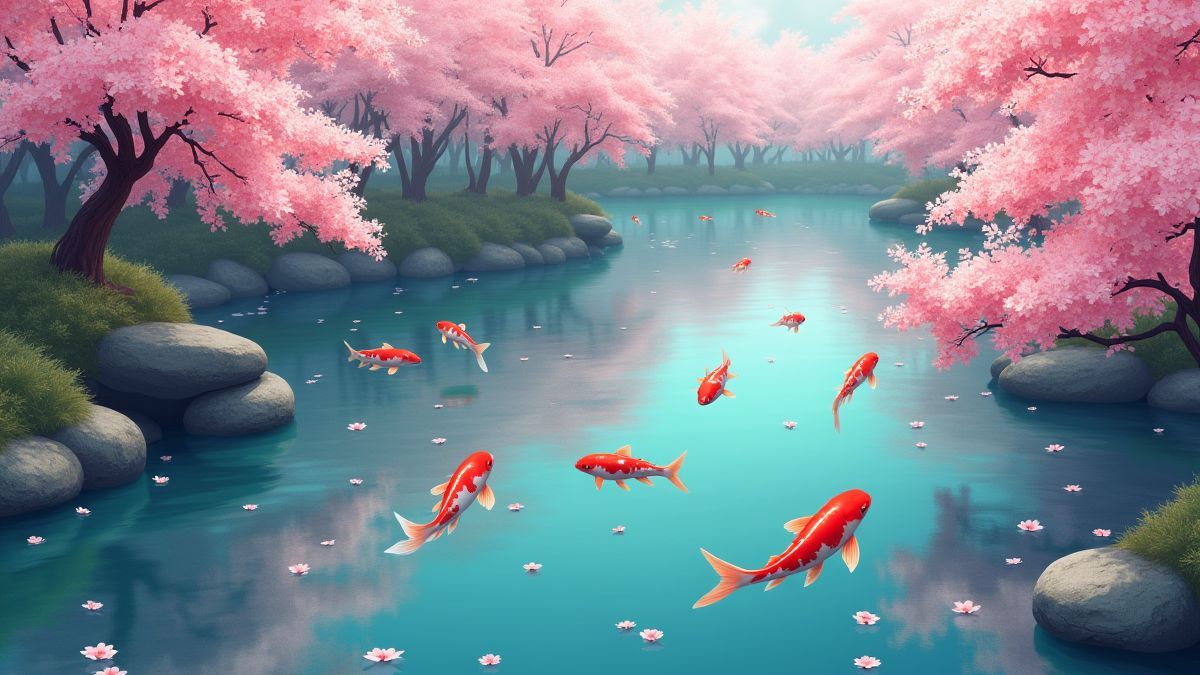Estanque de koi rodeado de cerezos em flor.