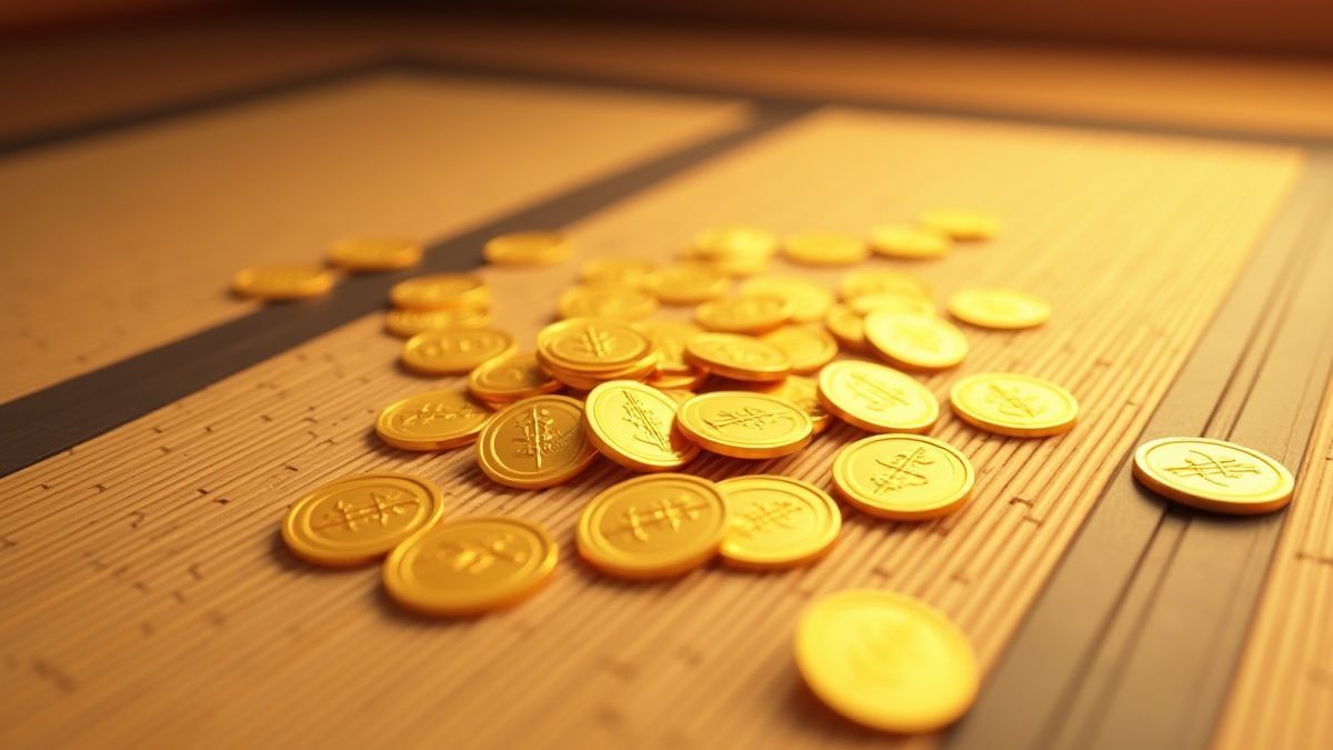 Monedas doradas sobre um tatami japonês.