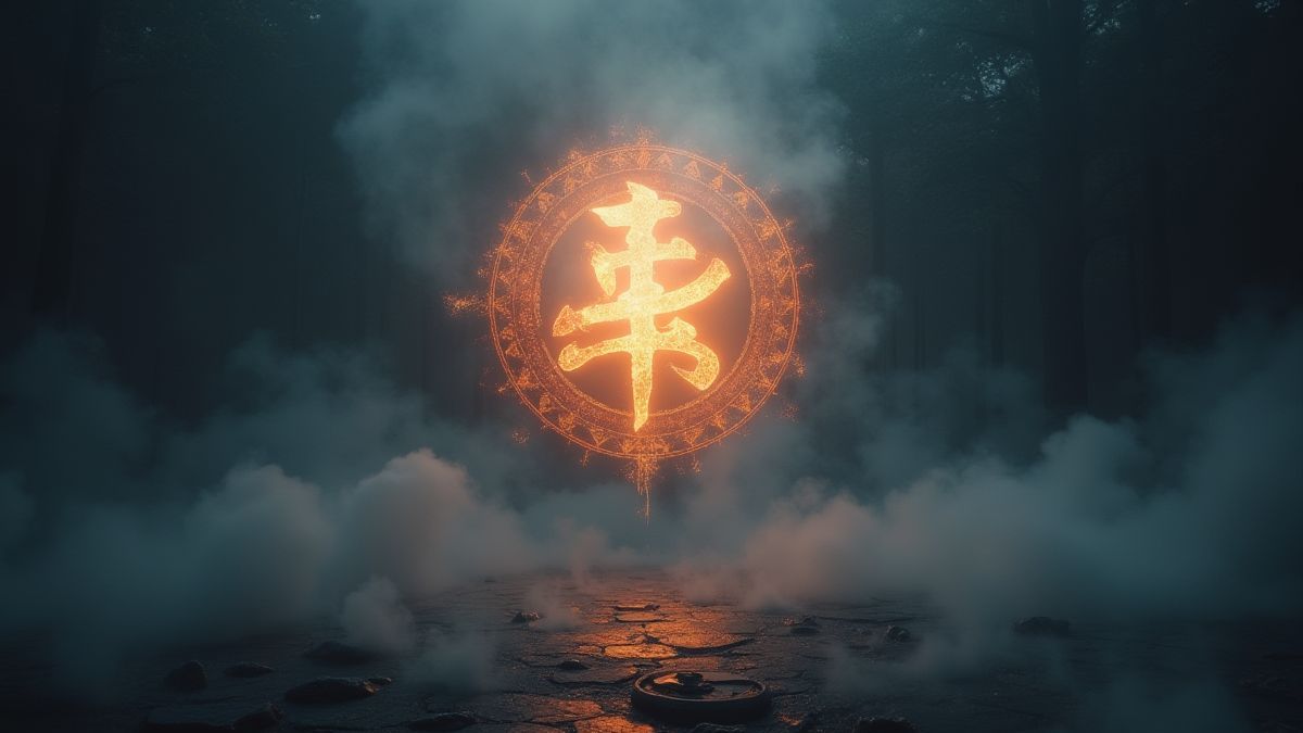 Glowing symbol floating with traditional Japanese patterns.