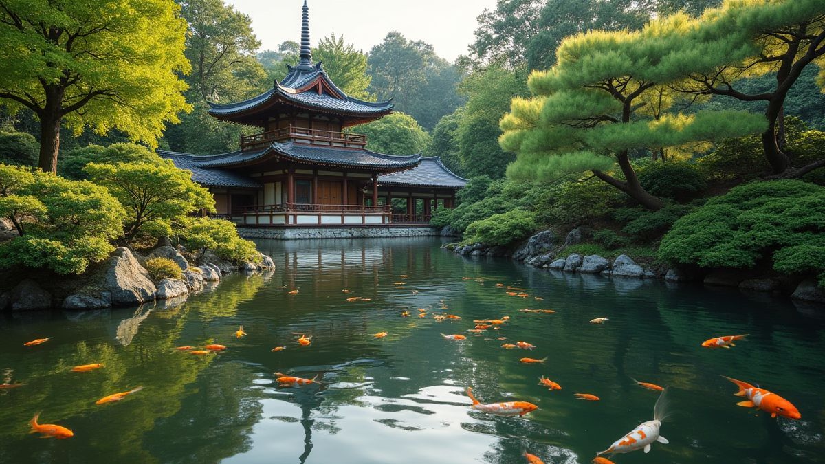 Japanese garden with koi fish swimming and a pagoda in the background.