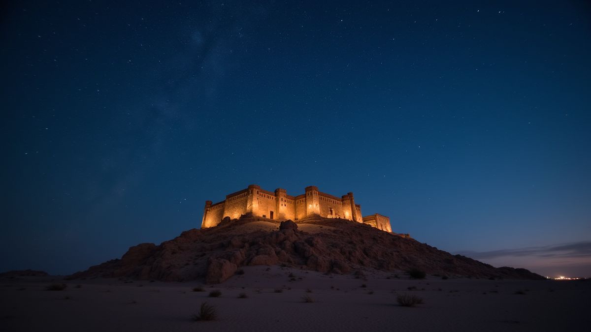 Arabische Festung umgeben von einer Wüste unter einem sternenklaren Himmel.