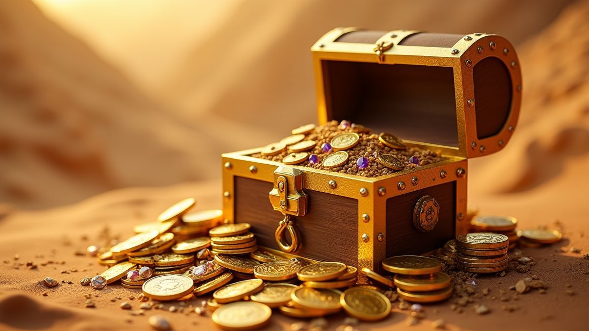 Goldene Schatztruhe umgeben von Münzen und Juwelen mit einer Wüstenlandschaft im Hintergrund.