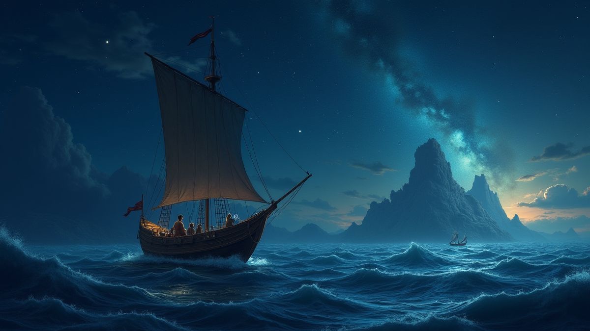Das Schiff von Jason segelt unter den Sternen mit mythischen Kreaturen am Horizont.