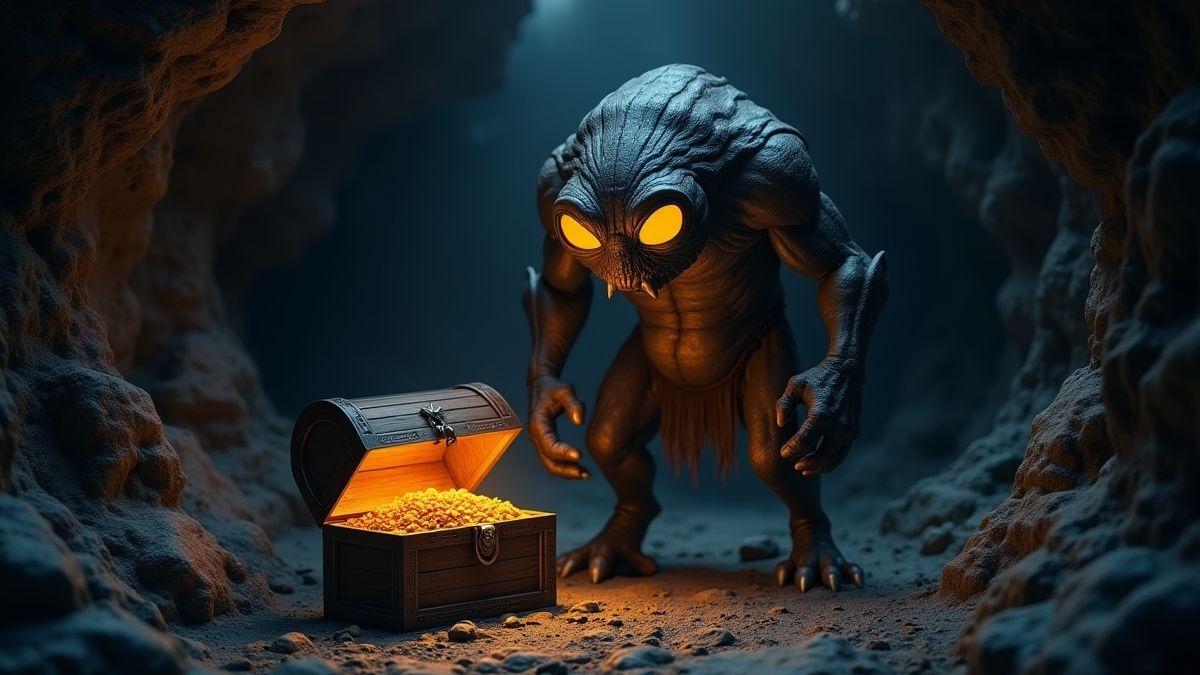 Ein Zyklop bewacht eine Schatztruhe in einer dunklen mythischen Höhle.