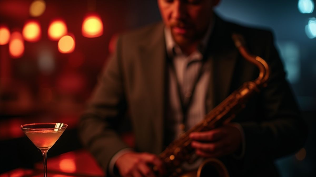 Jazzmusiker, der unter gedämpftem Licht in einer Bar Saxophon spielt.