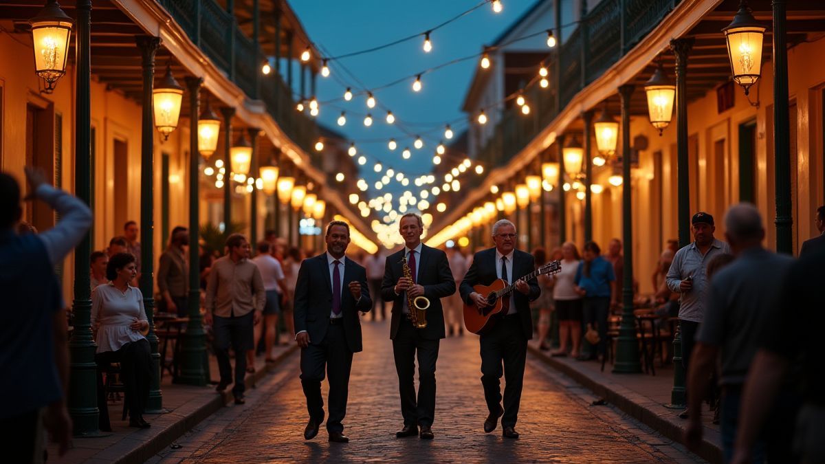 Uma rua animada de Nova Orleans com músicos de jazz tocando sob luzes festivas.