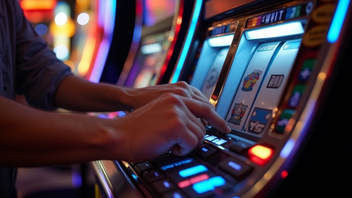 Mãos ajustando os controles de uma máquina caça-níqueis com temática de jazz.