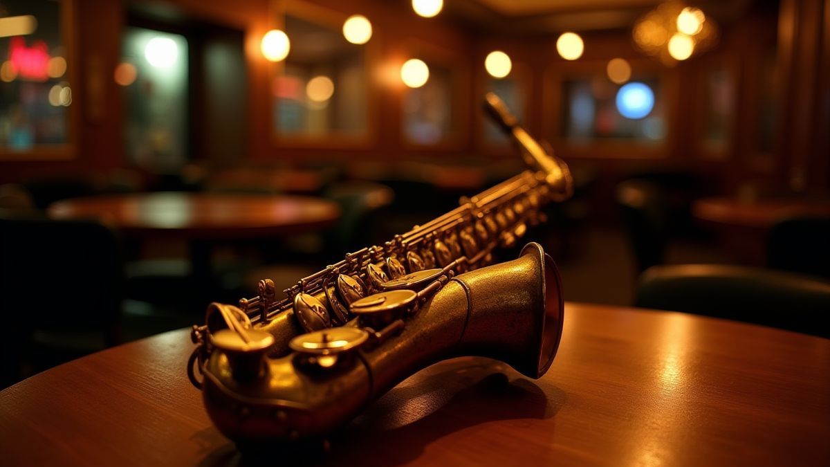 Un saxophone doré dans un club de jazz.