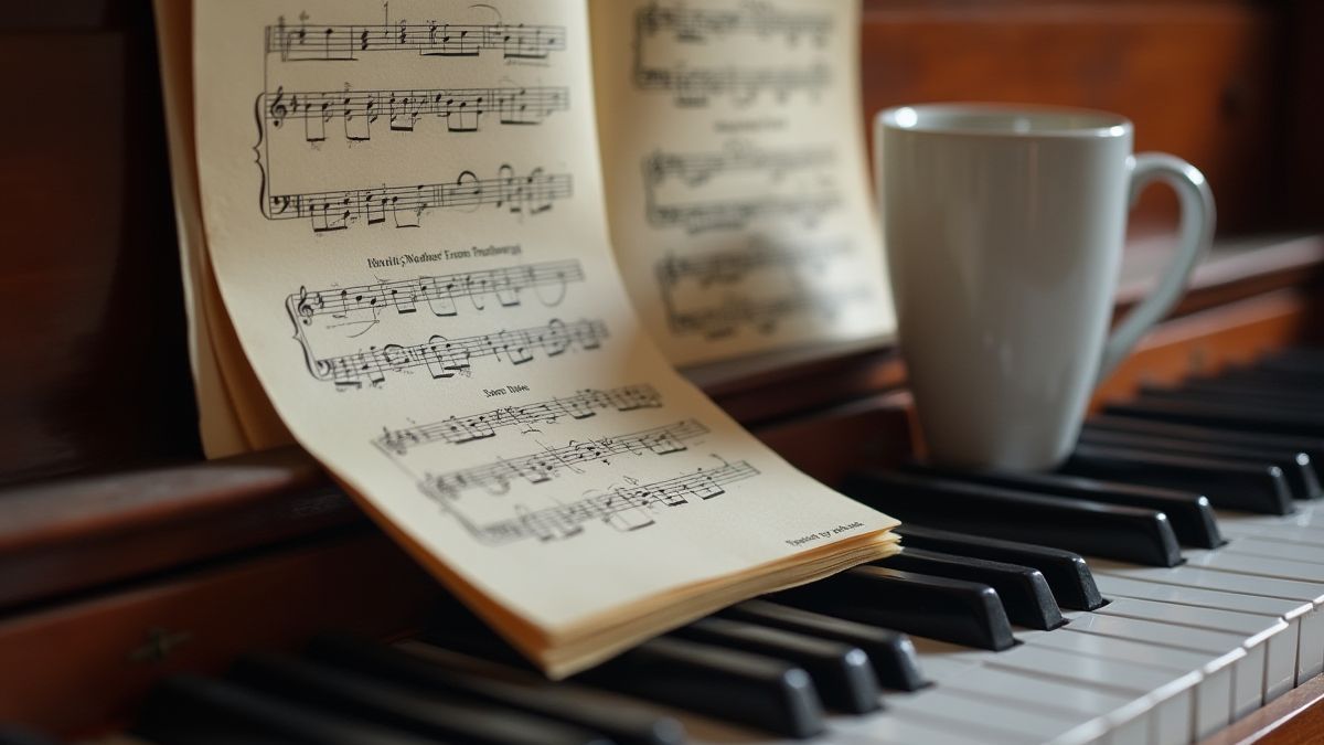 Claviers de piano avec des partitions et une tasse de café.