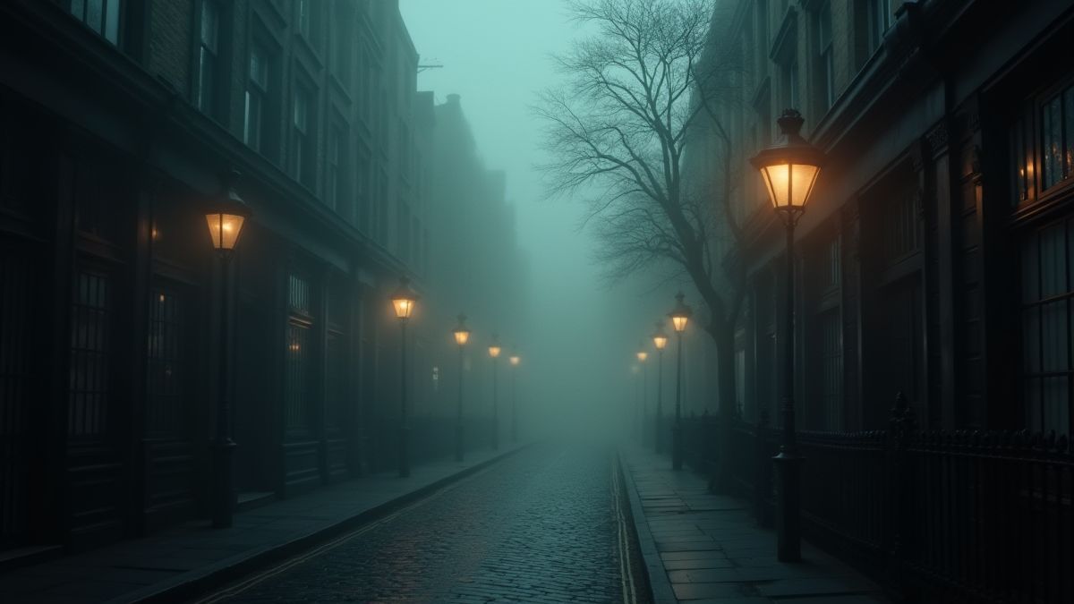 Uma rua vitoriana com neblina e sombras misteriosas.