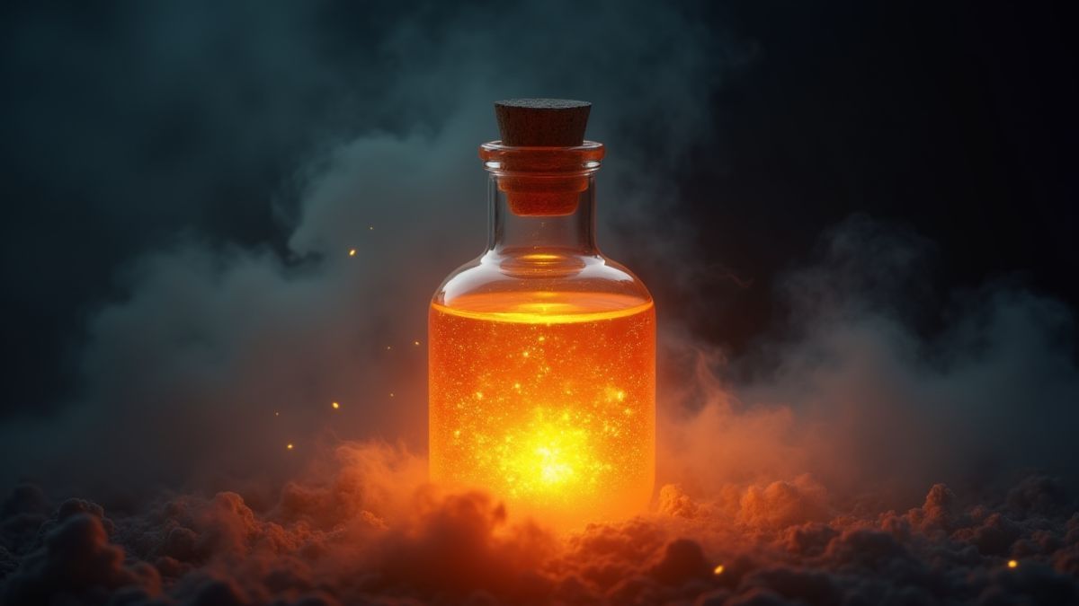 Uma garrafa de poção brilhante com fumaça e brilhos misteriosos.