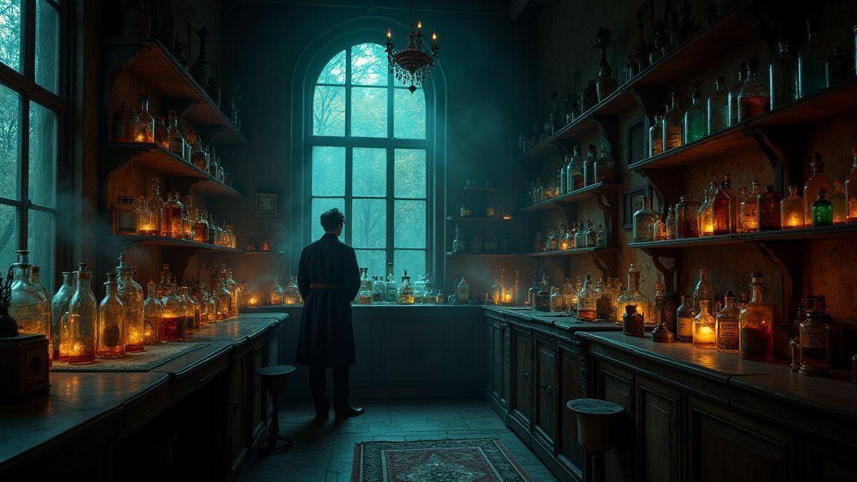Laboratoire victorien rempli de flacons brillants et d'ombres mystérieuses.