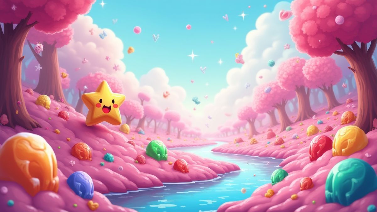 Candy-themed landscape with animated jelly characters.