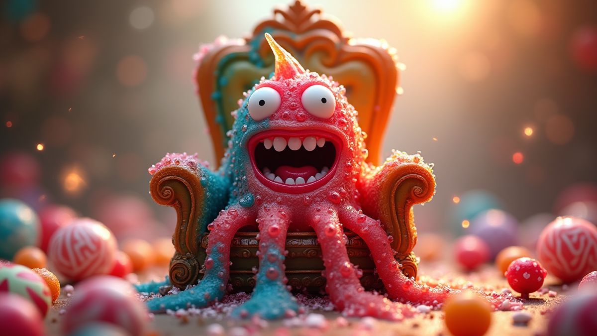 Monstre de gelée en trône de bonbons.