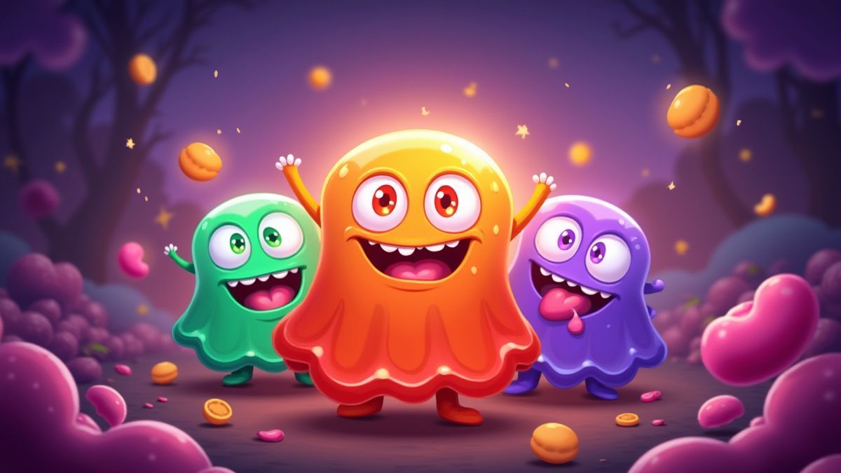 Écran de victoire avec des monstres en gelée célébrant.