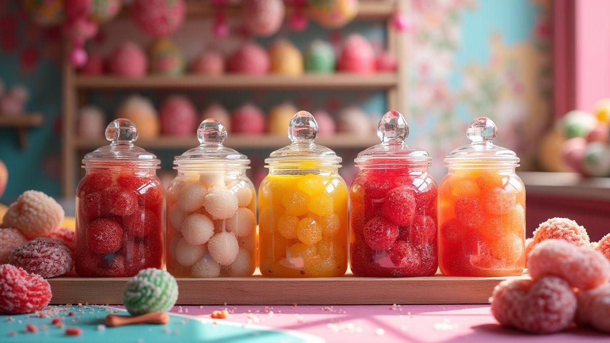 Una tienda de caramelos llena de golosinas de colores y un ambiente mágico.