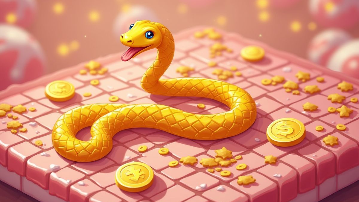 Una serpiente dorada recolectando monedas en un mundo de caramelos.