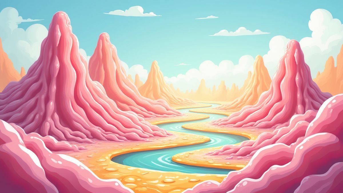 A candy kingdom with jelly mountains and syrup rivers.