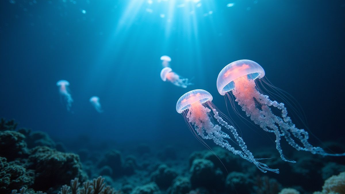 Um cenário submarino com medusas brilhando e arrecifes de coral.