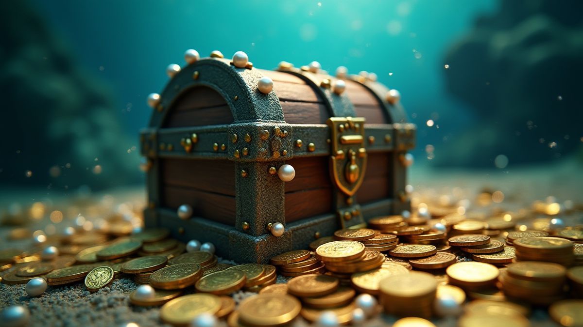 Schatztruhe umgeben von Goldmünzen und Perlen im Meeresboden.