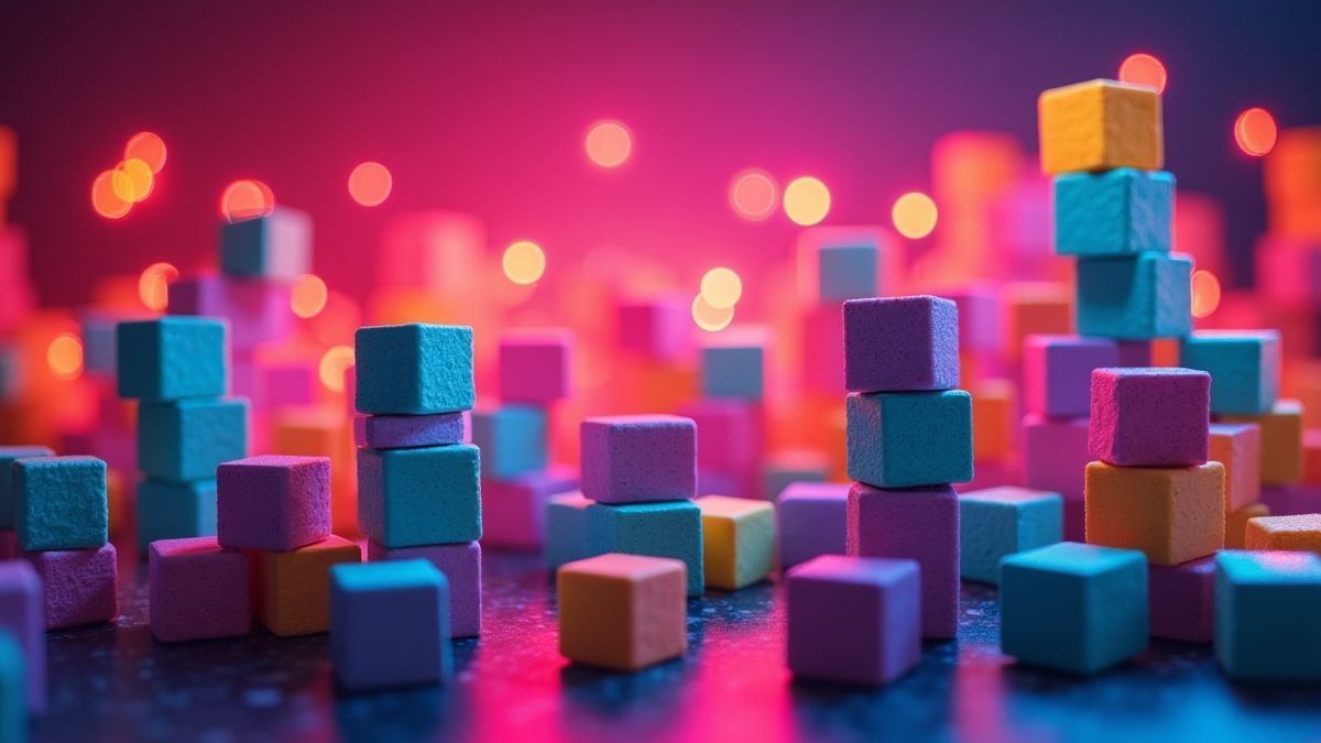 Bloques de colores apilados bajo luces de neón.