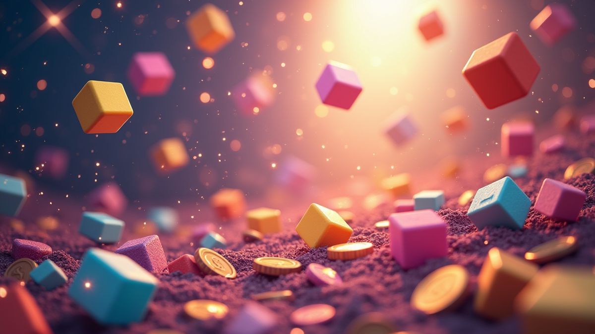 Bloques de colores cayendo en el aire con destellos y monedas.