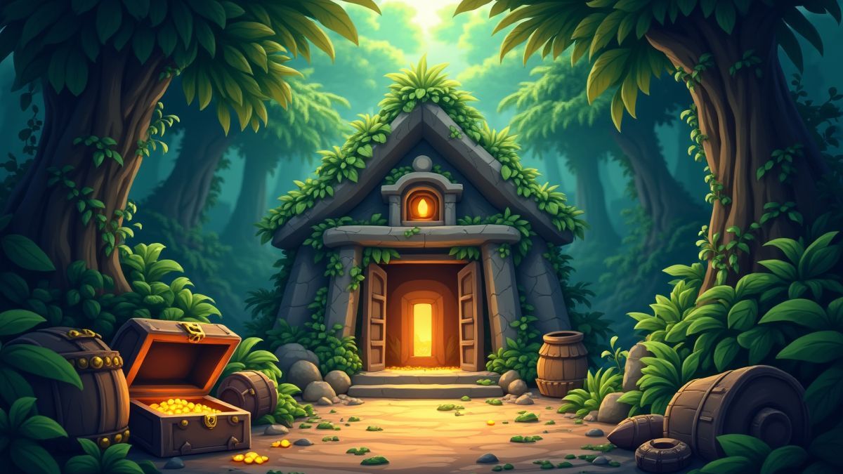 Tempel im Dschungel umgeben von Schätzen und Erkundungsausrüstung.