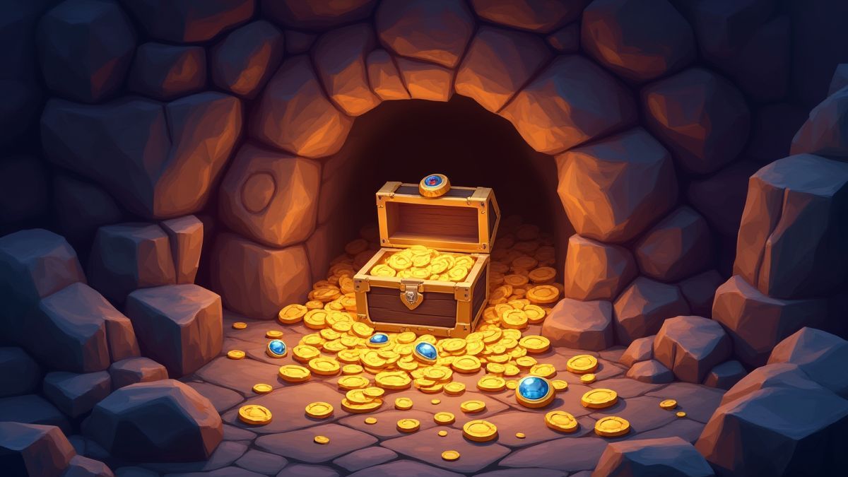 Höhle voller Juwelen und Goldmünzen.