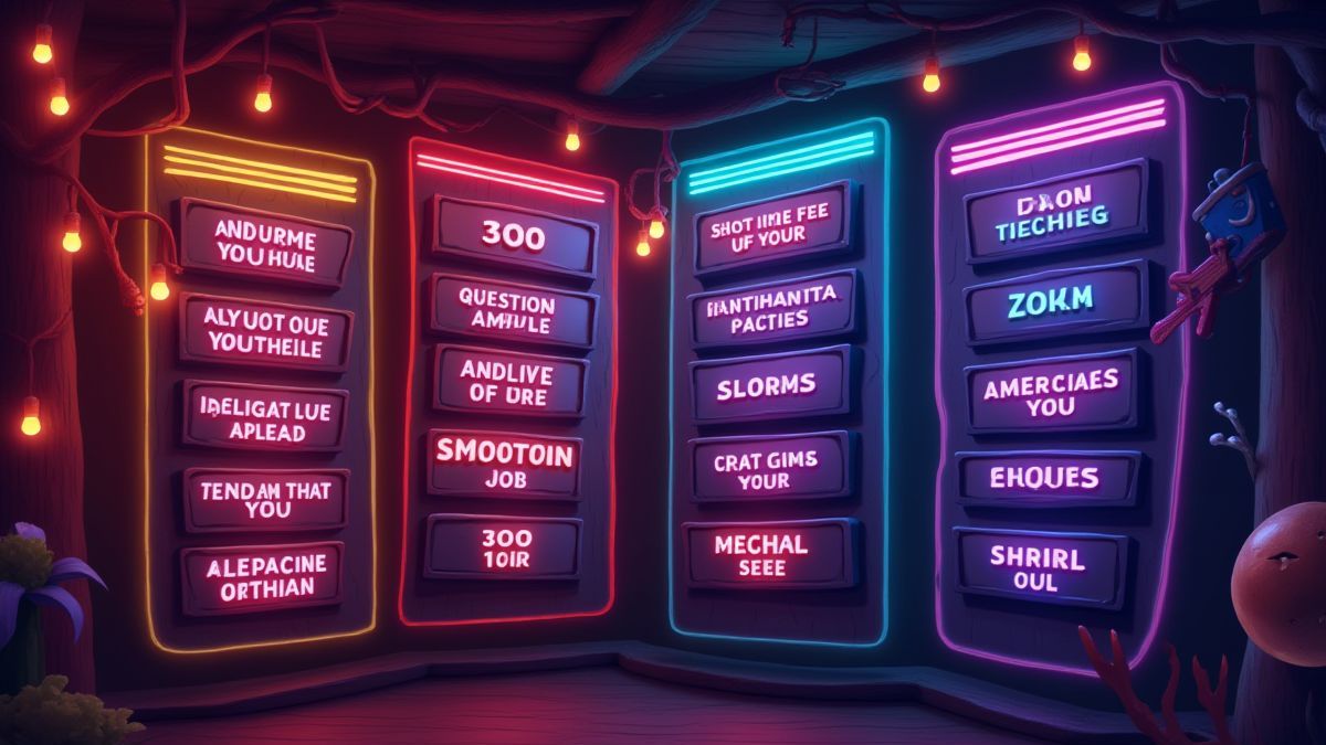 Tablero de trivia iluminado con categorías animadas.