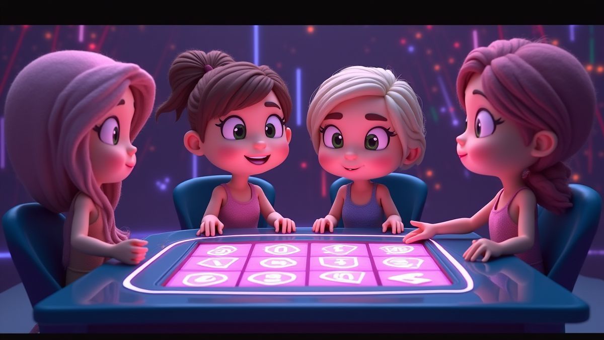Concursantes animados eligiendo categorías en un tablero de juego iluminado.